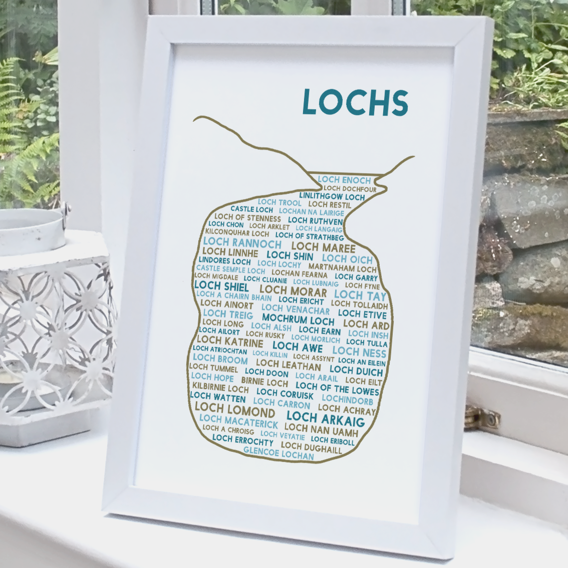 Scottish lochs print white frame standing