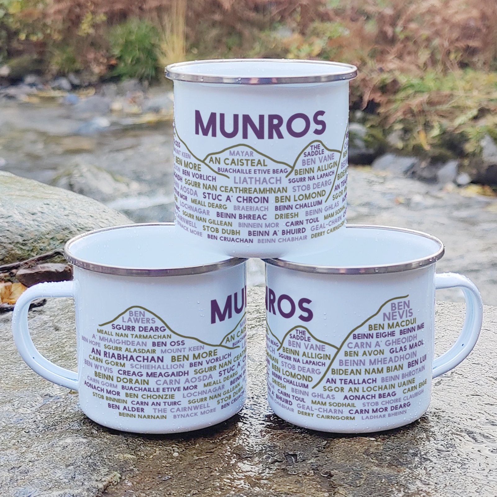 Stack of Munros enamel mugs outdoors