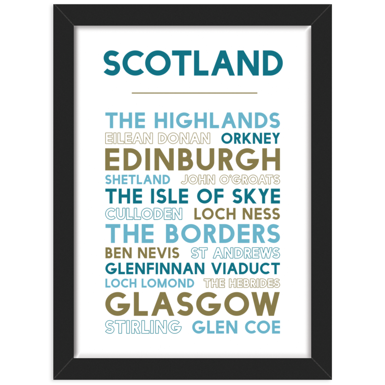 Scotland Attractions print in black frame