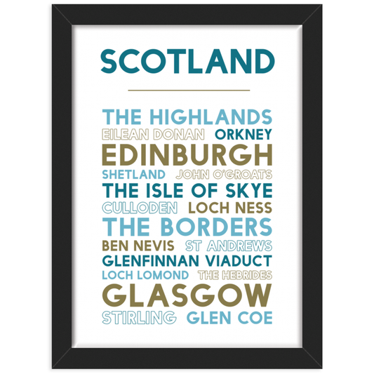 Scotland Attractions print in black frame
